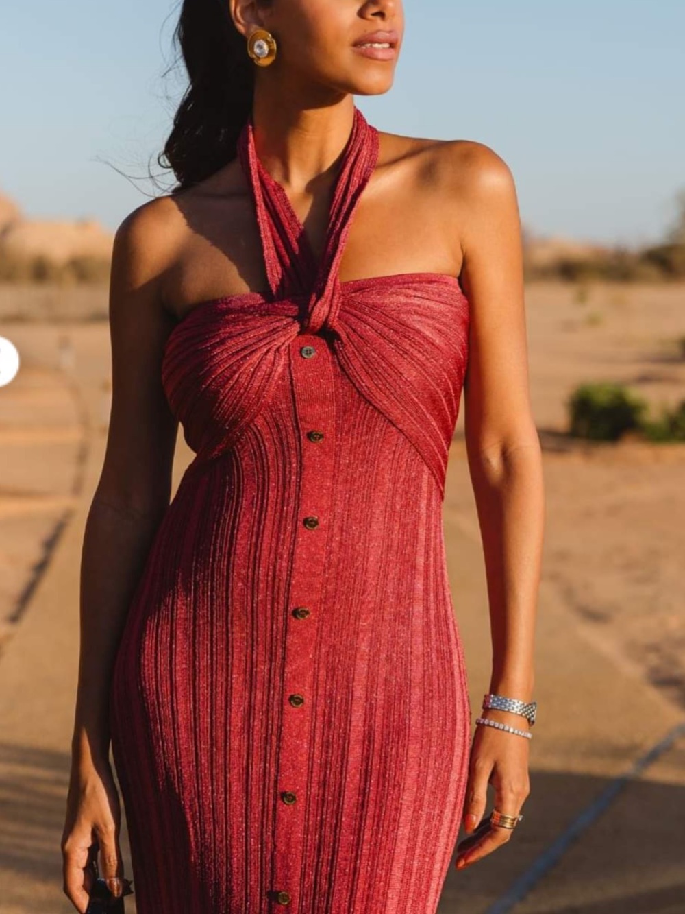 Marciano Elegant Halter Neck Metalic Fiber Maxi Dress - Size L